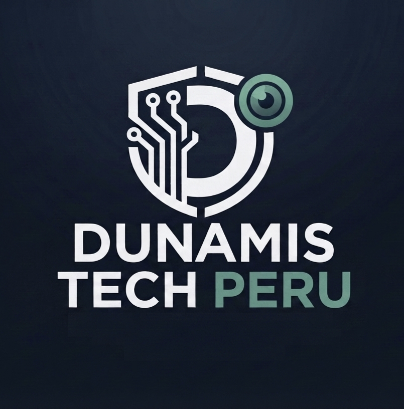 Logo de Dunamis Tech Perú: escudo con circuitos y cámara, en blanco y verde
